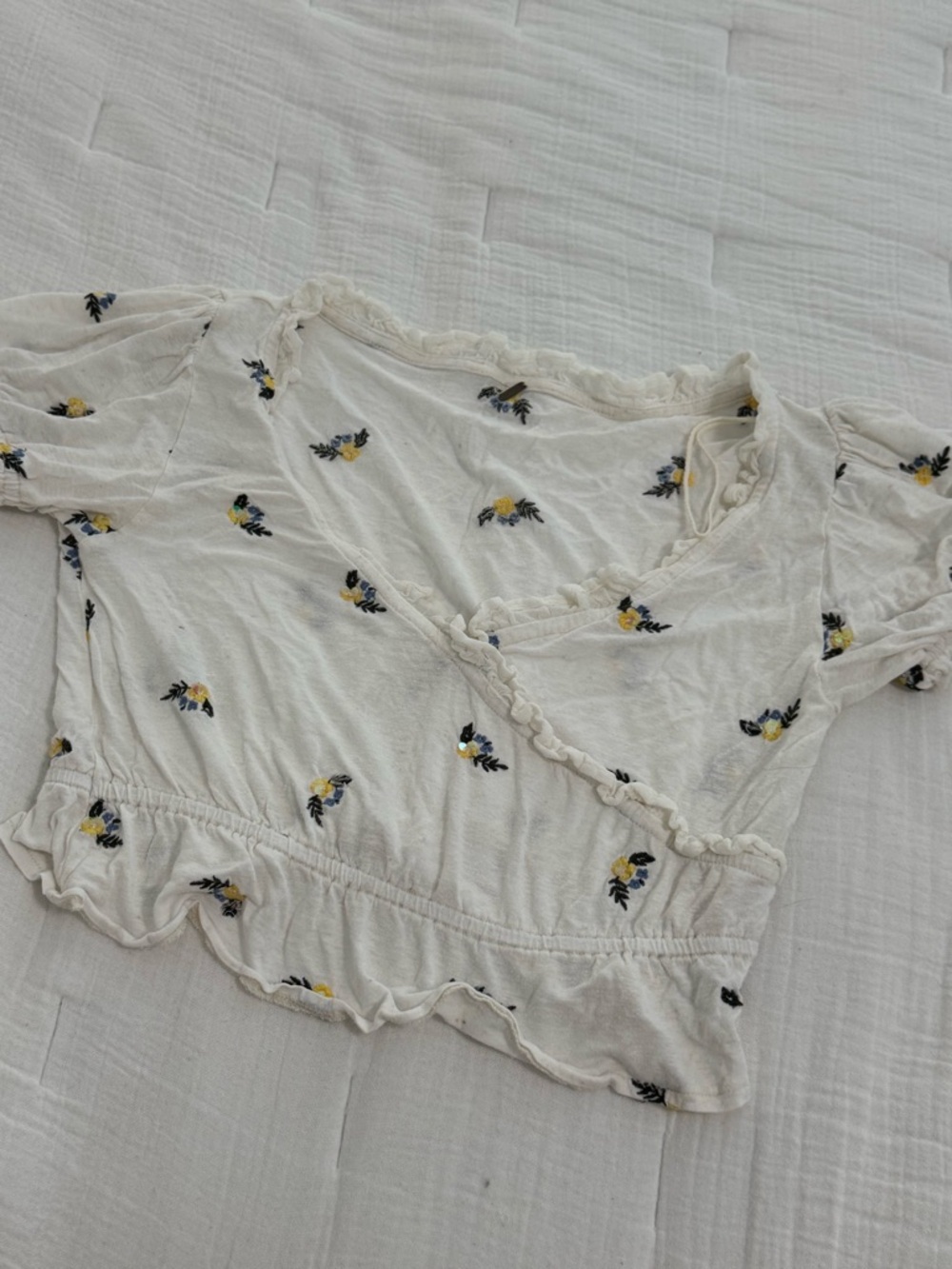 Free People Cream Floral Wrap Crop Top with Yellow and Navy Embroidery